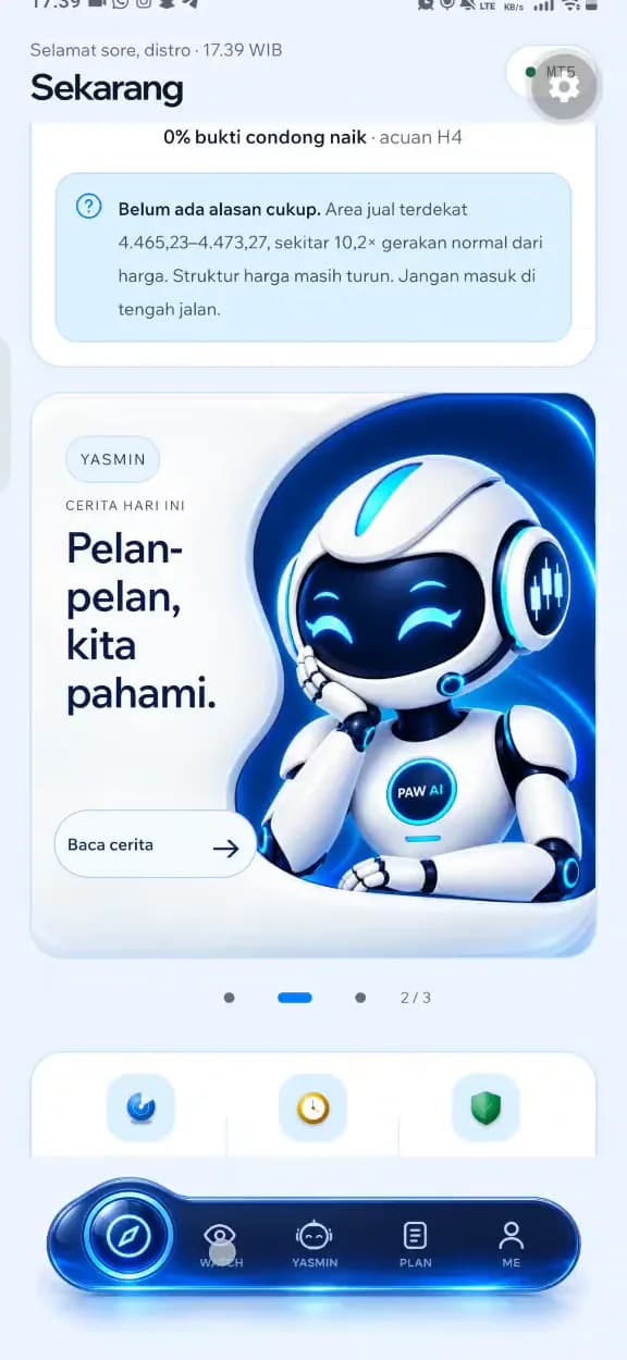 Layar Sekarang di app PAW: satu kalimat keadaan pasar emas dan kartu cerita Yasmin